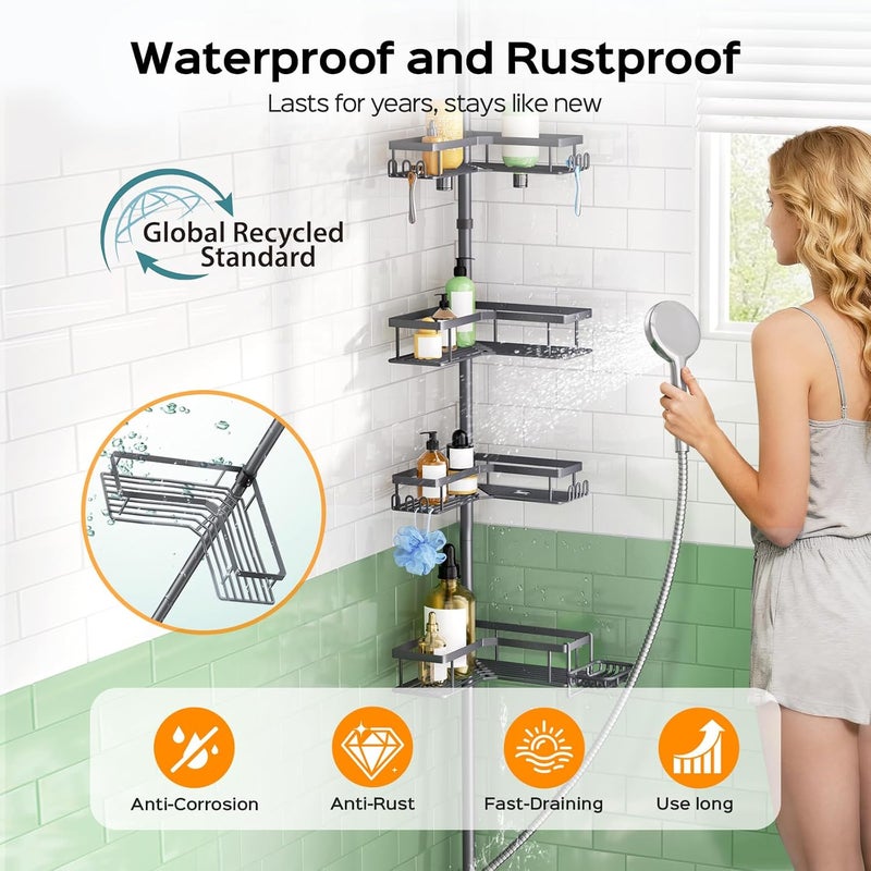 HAMITOR Corner Bathroom Shower Caddy: 4-Tier Rustproof Shampoo Organizer Shelf with Soap Holder - No-Drill Adjustable Standing Tension Pole Rack for Family Homeowners - Space-Saving - 47-123 Inch Gray - Image 1